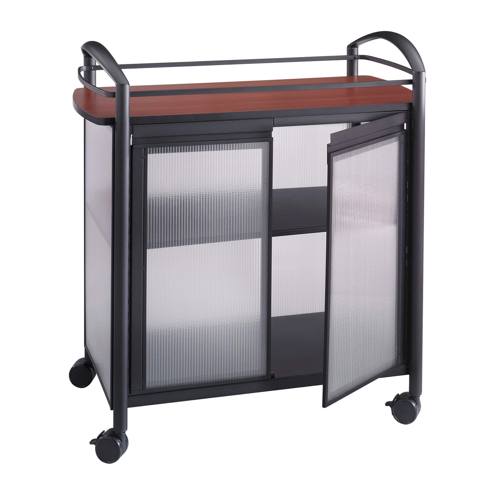 Mobile Refreshment Cart with Storage Shelves and Double Doors Black[#000000] SKU SMS-10-V37-8966BL