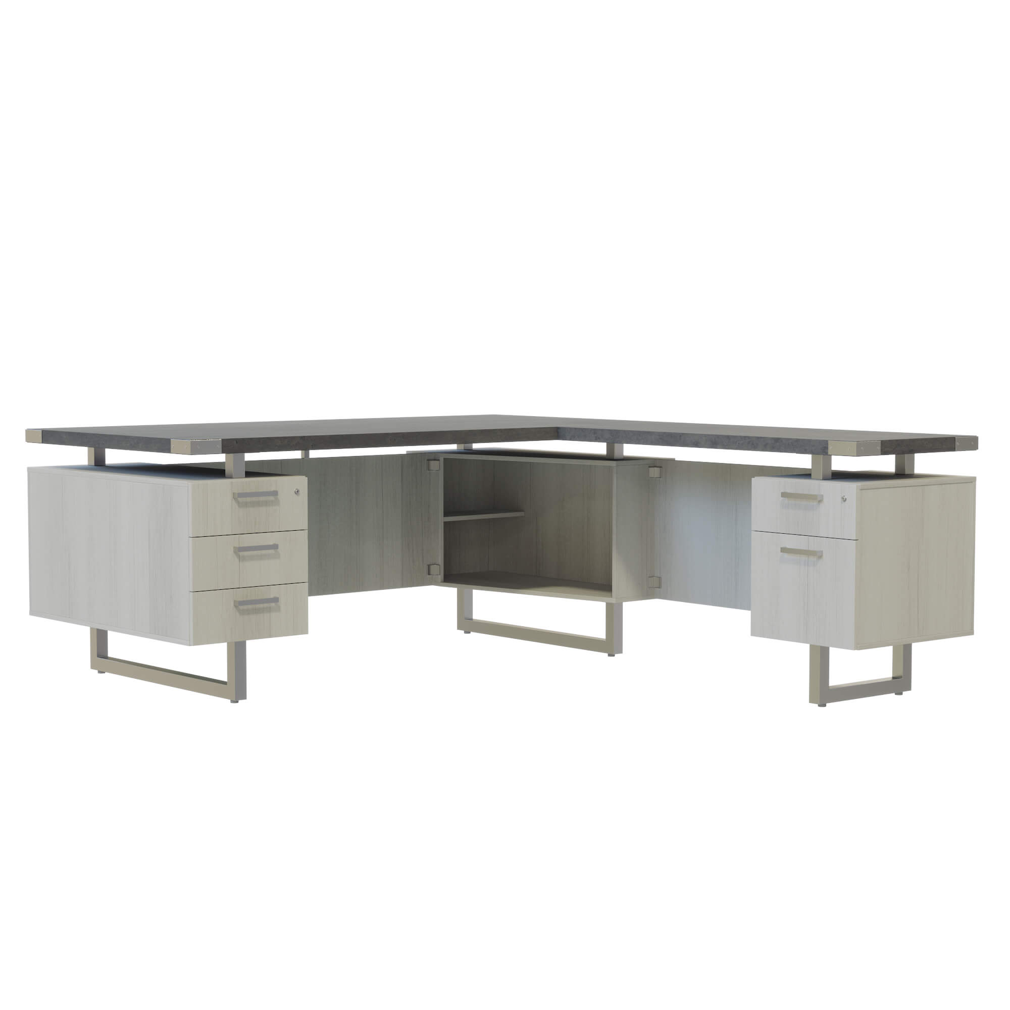 L-Shaped Office Desk with Floating Top and Dual Storage Stone Gray[#A8A8A8] SKU SMS-12-V37-MRLSBF7236SGY
