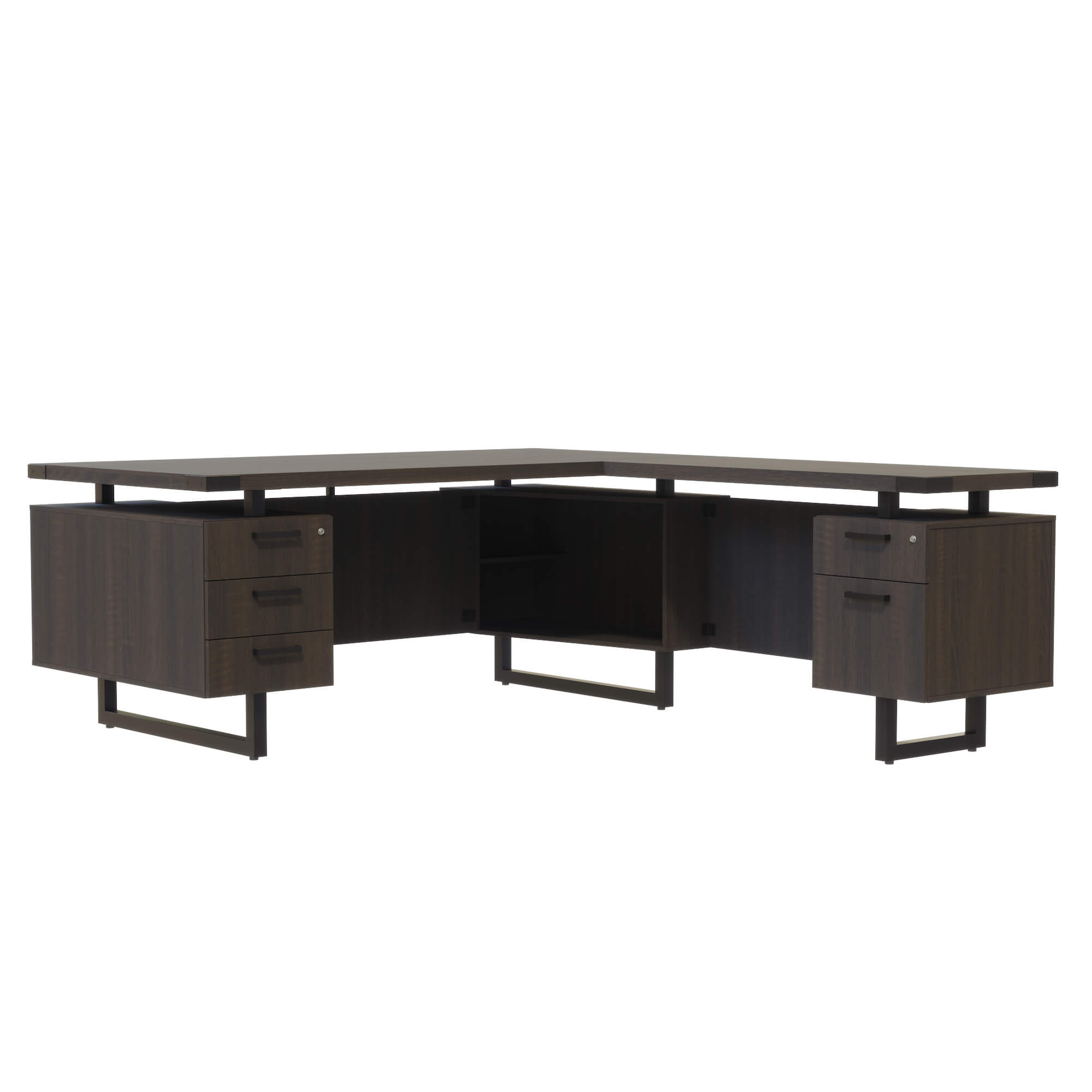 L-Shaped Office Desk with Floating Top and Dual Storage Southern Tobacco[#4E3B20] SKU SMS-12-V37-MRLSBF7236STO