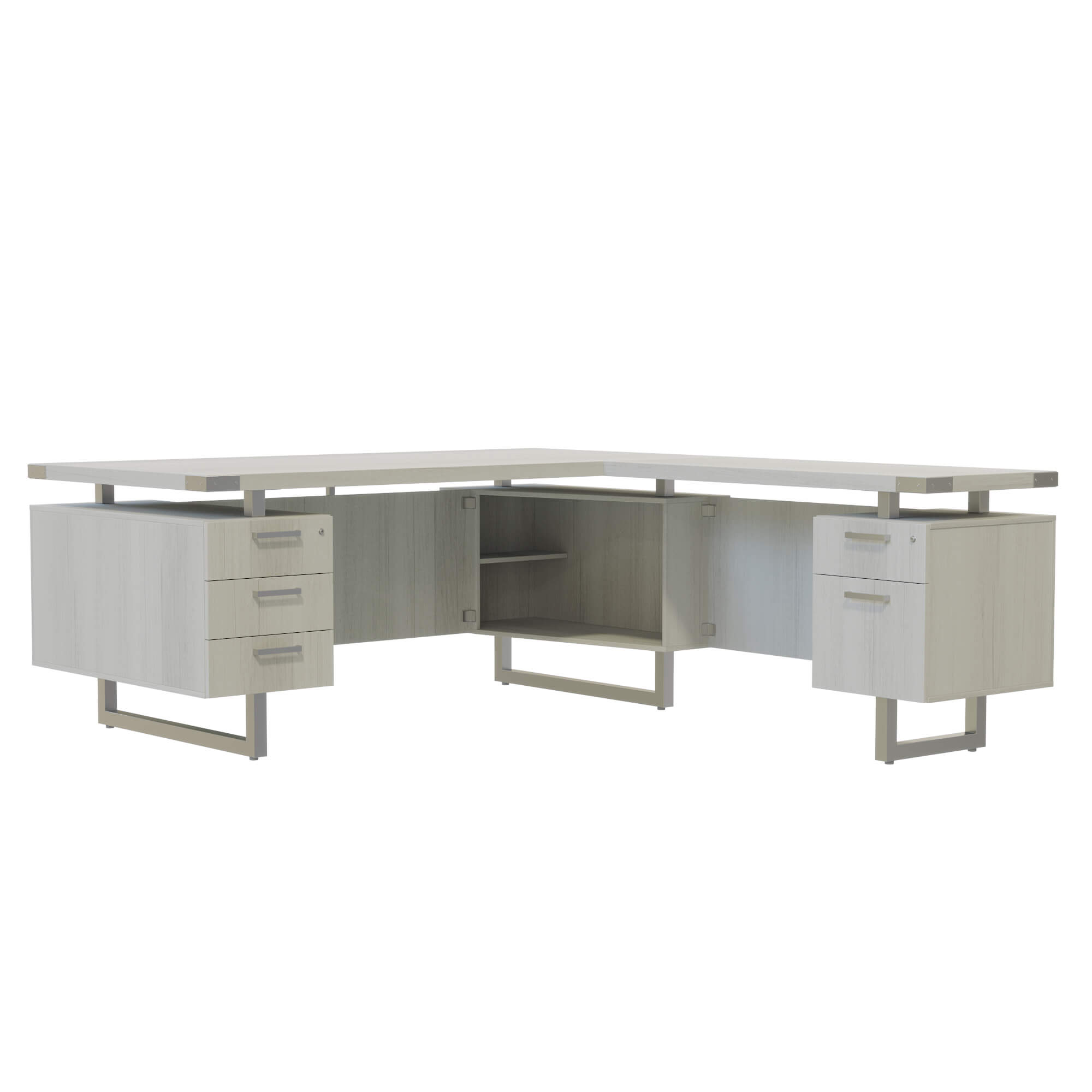 L-Shaped Office Desk with Floating Top and Dual Storage White Ash[#FFFFFF] SKU SMS-12-V37-MRLSBF7236WAH
