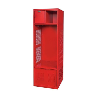 Red Firefighter Gear Locker for Station Equipment Storage, 24'' W x 18'' D x 72'' H, Upper Shelf w/ Security Box & Ventilated Foot Locker SMS-05-V39-WSBF482-1C-FF