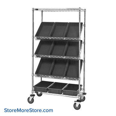 Angled Bin Storage, 36" W x 18" D x 63" H, On Wheels, 12 Bins at 10.875"W x 16.5"D x 4"H, Black, Includes Casters SMS-08-V45-WRS-5-92035BK-C