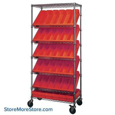 Angled Bin Storage, 36" W x 18" D x 74" H, On Wheels, 18 Bins at 8.375"W x 17.625"D x 5"H, Red, Includes Casters SMS-08-V45-WRS-7-606RD-C