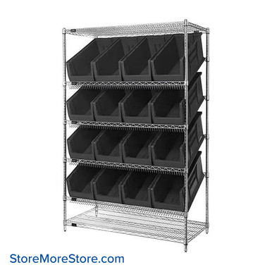 Angled Bin Storage, 48" W x 24" D x 74" H, On Wheels, 16 Bins at 11"W x 23.875"D x 10"H, Black, Includes Casters SMS-08-V45-WRSL6-74-2448-953BK-C
