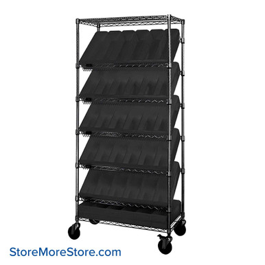 Angled Bin Storage, 36" W x 18" D x 74" H, On Wheels, 30 Bins at 5-4/7"W x 17.625"D x 5"H, Black, Includes Casters SMS-08-V45-WRS-7-602BK-C