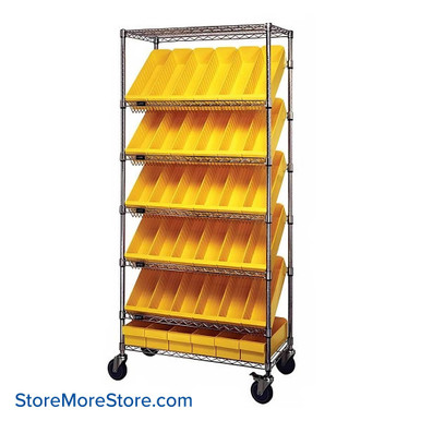 Angled Bin Storage, 36" W x 18" D x 74" H, On Wheels, 18 Bins at 8.375"W x 17.625"D x 5"H, Yellow, Without Casters SMS-08-V45-WRS-7-606YL