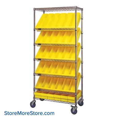 Angled Bin Storage, 36" W x 18" D x 74" H, On Wheels, 48 Bins at 3.75"W x 17.625"D x 5"H, Yellow, Includes Casters SMS-08-V45-WRS-7-604YL-C