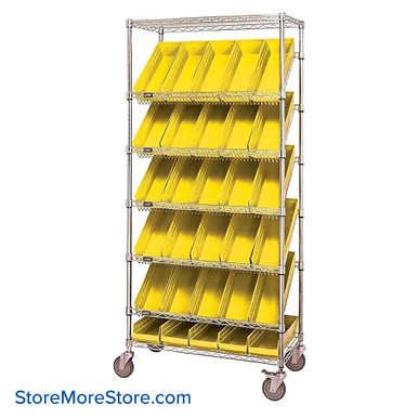 Angled Bin Storage, 36" W x 18" D x 74" H, On Wheels, 18 Bins at 11.125"W x 17.875"D x 4"H, Yellow, Without Casters SMS-08-V45-WRS-7-110YL