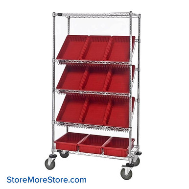 Angled Bin Storage, 36" W x 18" D x 63" H, On Wheels, 12 Bins at 10.875"W x 16.5"D x 4"H, Red, Without Casters SMS-08-V45-WRS-5-92035RD