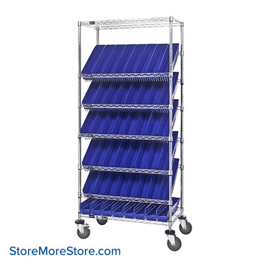 Angled Bin Storage, 36" W x 18" D x 74" H, On Wheels, 48 Bins at 4.125"W x 17.125"D x 4"H, Blue, Includes Casters SMS-08-V45-WRS-7-103BL-C