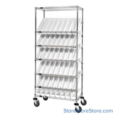 Angled Bin Storage, 36" W x 18" D x 74" H, On Wheels, 48 Bins at 4.125"W x 17.125"D x 4"H, Clear, Includes Casters SMS-08-V45-WRS-7-103CL-C
