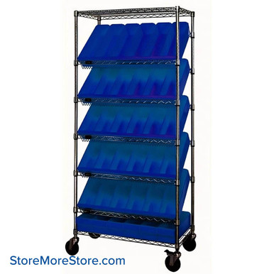 Angled Bin Storage, 36" W x 18" D x 74" H, On Wheels, 18 Bins at 8.375"W x 17.625"D x 5"H, Blue, Without Casters SMS-08-V45-WRS-7-606BL