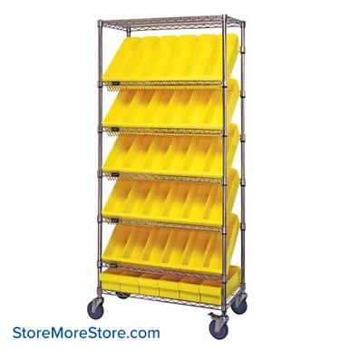 Angled Bin Storage, 36" W x 18" D x 74" H, On Wheels, 30 Bins at 5-4/7"W x 17.625"D x 5"H, Yellow, Without Casters SMS-08-V45-WRS-7-602YL