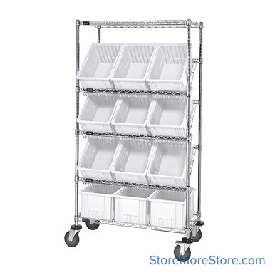 Angled Bin Storage, 36" W x 18" D x 63" H, On Wheels, 12 Bins at 10.875"W x 16.5"D x 8"H, Clear, Without Casters SMS-08-V45-WRS-5-92080CL