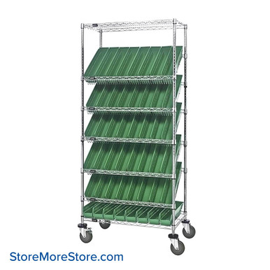 Angled Bin Storage, 36" W x 18" D x 74" H, On Wheels, 48 Bins at 4.125"W x 17.125"D x 4"H, Green, Includes Casters SMS-08-V45-WRS-7-103GN-C