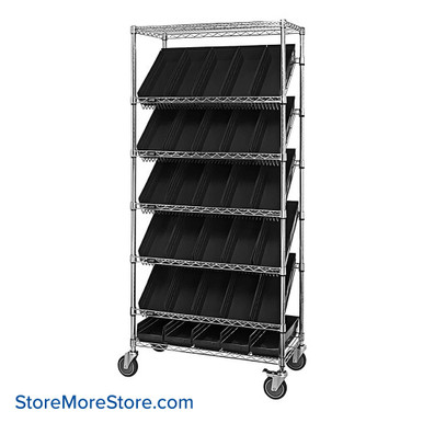 Angled Bin Storage, 36" W x 18" D x 74" H, On Wheels, 30 Bins at 6.625"W x 17.875"D x 4"H, Black, Without Casters SMS-08-V45-WRS-7-104BK