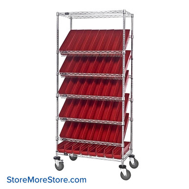 Angled Bin Storage, 36" W x 18" D x 74" H, On Wheels, 48 Bins at 4.125"W x 17.125"D x 4"H, Red, Includes Casters SMS-08-V45-WRS-7-103RD-C