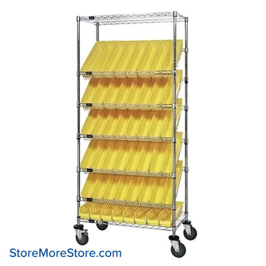 Angled Bin Storage, 36" W x 18" D x 74" H, On Wheels, 48 Bins at 4.125"W x 17.125"D x 4"H, Yellow, Includes Casters SMS-08-V45-WRS-7-103YL-C