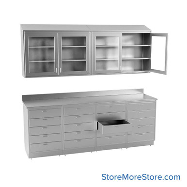 Commercial Stainless Steel Cabinets, 97" W x 96" H, Sloped Top Upper + Lower Cabinet, 20 Drawers