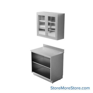 Commercial Stainless Steel Cabinets, 37" W x 96" H, Flat Top Upper + Lower Cabinet
