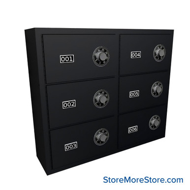 Wall Mounted Gun Locker, 25" W x 6.5" D x 20.25" H, 6 Compartments, 2 Wide x 3 High Arrangement, Combination Lock SMS-05-V72-EDHGS06C