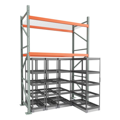 Under Pallet Rack Aisle Free Pull-Out Storage - 4 Carriages - Wire Grid - 8 ft - 42'' x 24'' and 42'' x 18'' SMS-03-V158-AIF0842-224-218-W