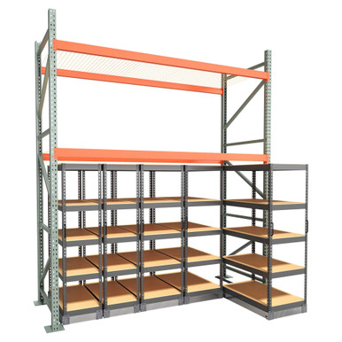 Under Pallet Rack Aisle Free Pull-Out Storage - 5 Carriages - Particle Board - 10 ft - 42'' x 24'' and 42'' x 18'' SMS-03-V158-AIF1042-324-218-P