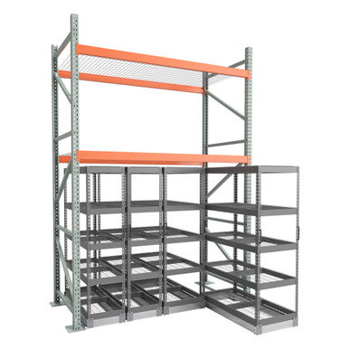 Under Pallet Rack Aisle Free Pull-Out Storage - 4 Carriages - Wire Grid - 8 ft - 48'' x 24'' and 48'' x 18'' SMS-03-V158-AIF0848-224-218-W