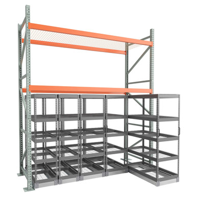 Under Pallet Rack Aisle Free Pull-Out Storage - 5 Carriages - Wire Grid - 10 ft - 48'' x 24'' and 48'' x 18'' SMS-03-V158-AIF1048-324-218-W