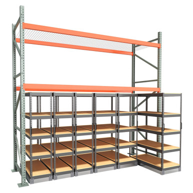 Under Pallet Rack Aisle Free Pull-Out Storage - 6 Carriages - Particle Board - 12 ft - 48'' x 24'' and 48'' x 18'' SMS-03-V158-AIF1248-324-324-P