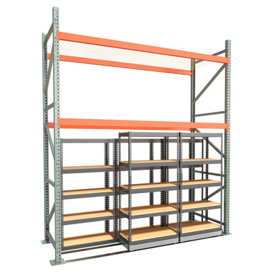 Under Pallet Rack Storage System - 2 Lateral Mobile Carriages, 3 Static - Particle Board - 10 ft - 36'' x 18'' SMS-03-V158-LAT1036-218-P