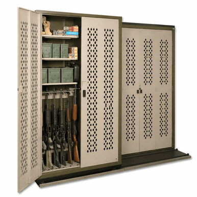 Military Law Enforcement Weapon Storage Sliding Cabinet System - 3 Cabinets - 88W x 32.5D x 76H - Two Deep SMS-07-V25-B221WS-72-2S8B