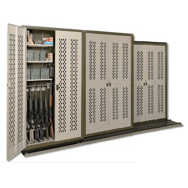 Military Law Enforcement Weapon Storage Sliding Cabinet System - 5 Cabinets - 130W x 32.5D x 76H - Two Deep SMS-07-V25-B232WS-72-2S8B