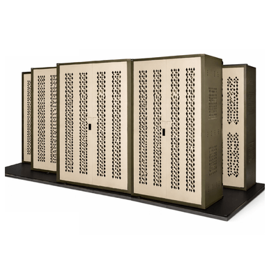 Military Law Enforcement Weapon Storage Sliding Cabinet System - 7 Cabinets - 130W x 49.5D x 76H - Three Deep SMS-07-V25-T232WS-72-2S8B
