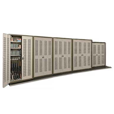 Military Law Enforcement Weapon Storage Sliding Cabinet System - 9 Cabinets - 214W x 32.5D x 76H - Two Deep SMS-07-V25-B254WS-72-2S8B