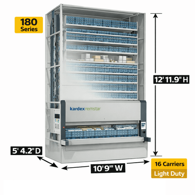 Kardex Megamat 180 Vertical Carousel Modules (VCM) 10' 1.1'' W x 5' 4.2'' D x 12' 11.9'' H - 16 Carrier - Light Duty Storage System SMS-806-V159-RS-180.2.2450.6.381.16
