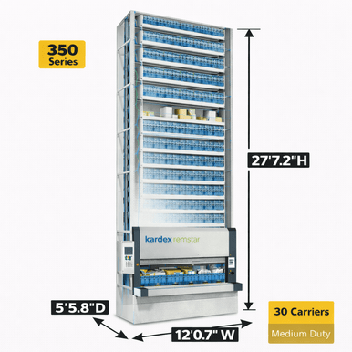 Kardex Megamat 350 Vertical Carousel Modules (VCM) 12' 0.7'' W x 5' 5.8'' D x 27' 7.2'' H - 30 Carrier - Medium Duty Storage System SMS-806-V159-RS-350.2.3050.6.495.30