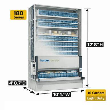 Kardex Megamat 180 Vertical Carousel Modules (VCM) 10' 1.1'' W x 4' 8.7'' D x 12' 8'' H - 16 Carrier - Light Duty Shallow Depth Storage System SMS-806-V159-RS-180.2.2450.5.381.16
