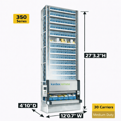 Kardex Megamat 350 Vertical Carousel Modules (VCM) 12' 0.7'' W x 4' 10'' D x 27' 3.2'' H - 30 Carrier - Medium Duty Shallow Depth Storage System SMS-806-V159-RS-350.2.3050.5.495.30