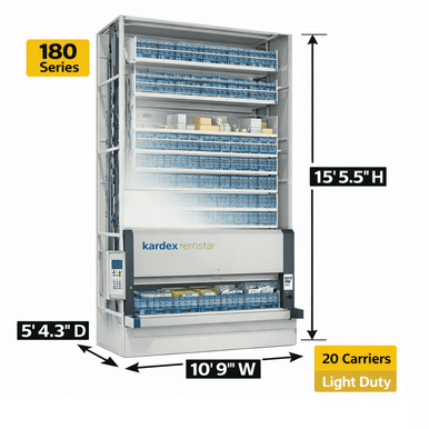 Kardex Megamat 180 Vertical Carousel Modules (VCM) 10' 9'' W x 5' 4.3'' D x 15' 5.5'' H - 20 Carrier - Light Duty Storage System SMS-806-V159-RS-180.2.2650.6.381.20