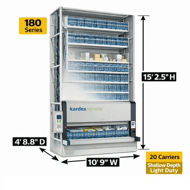Kardex Megamat 180 Vertical Carousel Modules (VCM) 10' 9'' W x 4' 8.8'' D x 15' 2.5'' H - 20 Carrier - Light Duty Shallow Depth Storage System SMS-806-V159-RS-180.2.2650.5.381.20