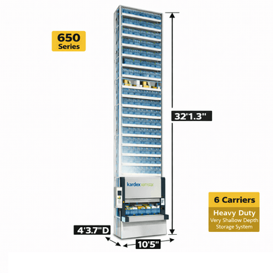 Kardex Megamat 650 Vertical Carousel Modules (VCM) 10' 5'' W x 4' 3.7'' D x 32' 1.3'' H - 6 Carrier - Heavy Duty Very Shallow Depth Storage System SMS-806-V159-RS-650.2.2450.4.508.6