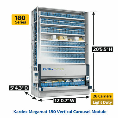 Kardex Megamat 180 Vertical Carousel Modules (VCM) 12' 0.7'' W x 5' 4.3'' D x 20' 5.5'' H - 28 Carrier - Light Duty Storage System SMS-806-V159-RS-180.2.3050.6.381.28