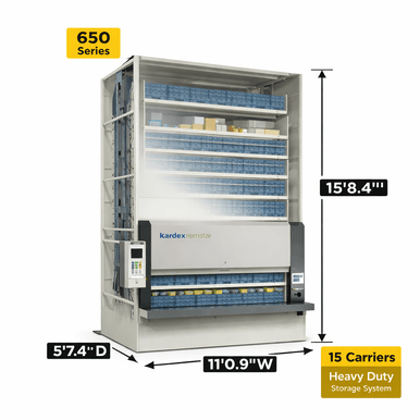 Kardex Megamat 650 Vertical Carousel Modules (VCM) 11' 0.9'' W x 5' 7.4'' D x 15' 8.4'' H - 15 Carrier - Heavy Duty Storage System SMS-806-V159-RS-650.2.2650.6.508.15