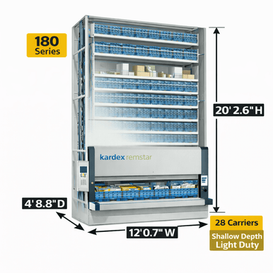 Kardex Megamat 180 Vertical Carousel Modules (VCM) 12' 0.7'' W x 4' 8.8'' D x 20' 2.6'' H - 28 Carrier - Light Duty Shallow Depth Storage System SMS-806-V159-RS-180.2.3050.5.381.28