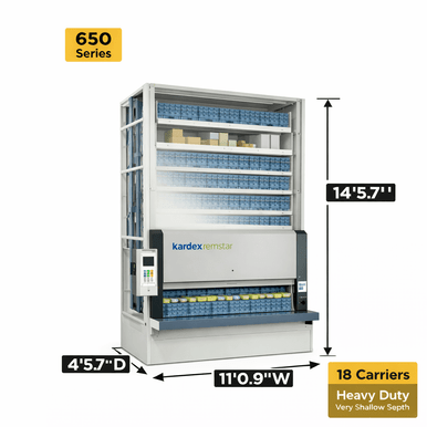 Kardex Megamat 650 Vertical Carousel Modules (VCM) 11' 0.9'' W x 4' 3.7'' D x 14' 5.7'' H - 18 Carrier - Heavy Duty Very Shallow Depth Storage System SMS-806-V159-RS-650.2.2650.4.406.18