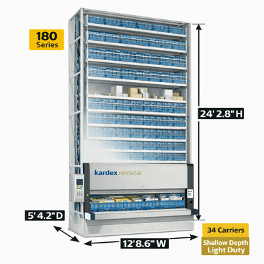 Kardex Megamat 180 Vertical Carousel Modules (VCM) 12' 8.6'' W x 5' 4.2'' D x 24' 2.8'' H - 34 Carrier - Light Duty Storage System SMS-806-V159-RS-180.2.3250.6.381.34