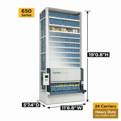 Kardex Megamat 650 Vertical Carousel Modules (VCM) 11' 8.8'' W x 5' 7.4'' D x 19' 0.8'' H - 24 Carrier - Heavy Duty Storage System SMS-806-V159-RS-650.2.2850.6.406.24
