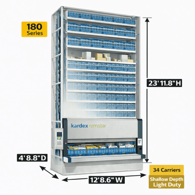 Kardex Megamat 180 Vertical Carousel Modules (VCM) 12' 8.6'' W x 4' 8.8'' D x 23' 11.8'' H - 34 Carrier - Light Duty Shallow Depth Storage System SMS-806-V159-RS-180.2.3250.5.381.34