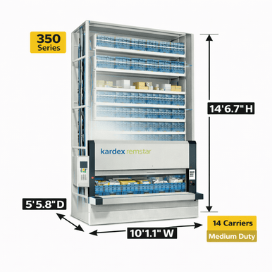 Kardex Megamat 350 Vertical Carousel Modules (VCM) 10' 1.1'' W x 5' 5.8'' D x 14' 6.7'' H - 14 Carrier - Medium Duty Storage System SMS-806-V159-RS-350.2.2450.6.495.14